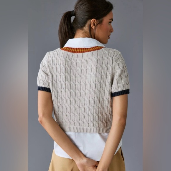 Anthropologie Maeve Layered Cable Sweater With Collar Sz XS - Picture 3 of 11